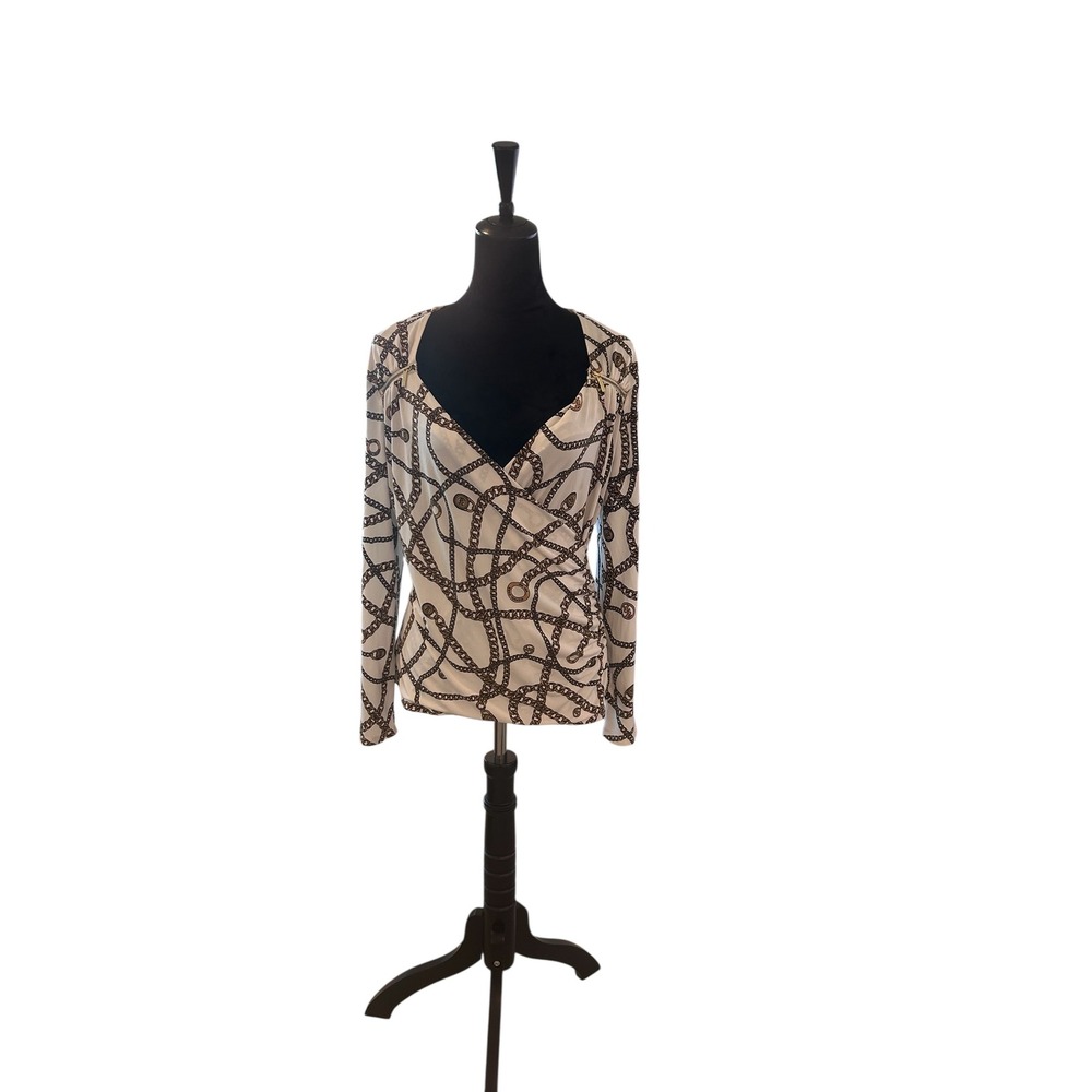 Michael Michael Kors Womens White Chain Print V Neck Jersey Blouse Large - Picture 2 of 9